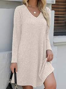 Women's Solid V-Neck Long Sleeve Ribbed Casual Mini Dress Fall Cloth For Women - Apricot - View 4