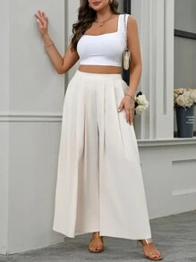 Plus Size Plain Color Pleated Pocket Loose Casual Pants, Everyday Wear Fall Cloth For Women - Multicolor - View 1