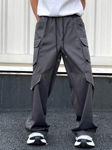 Manfinity EMRG Men's Solid Color Drawstring Pocket Simple Design Casual Cargo Pants, Daily Casual Wear - Dark Grey - View 3