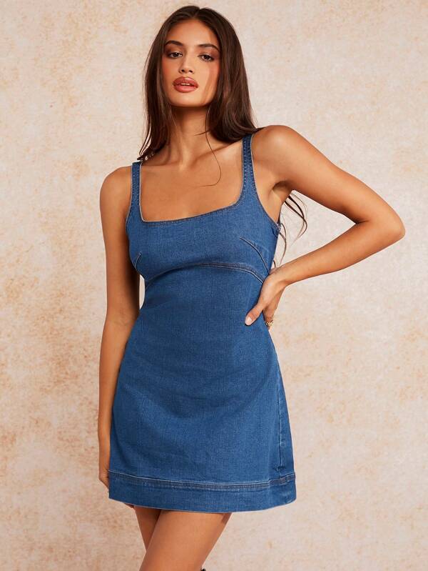 Forever 21 Rochie cu bretele din denim spalat albastru