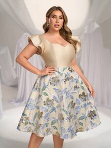 SHEIN Belle Plus Size Elegant Jacquard Taffeta Patchwork Ruffle Sleeve Sweetheart Neck Drawstring Short Party Dress, Wedding Guest Dress, Prom Dress