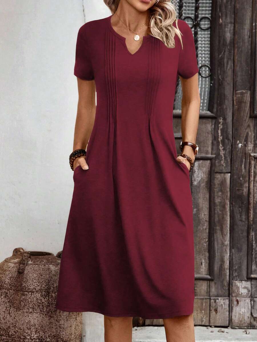 EMERY ROSE Women's Solid Color Collar Notch Pocket Short Sleeve Casual Mid-Calf Dress - Red - View 1