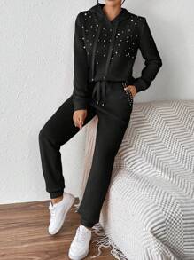 SHEIN Essnce Women's Solid Color Beaded Decor Drawstring Hoodie And Sweatpants 2pcs Set, Casual - Black - View 6