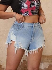 SHEIN ICON 大码女式夏季破洞牛仔休闲短裤 - 藍色 - 查看 5