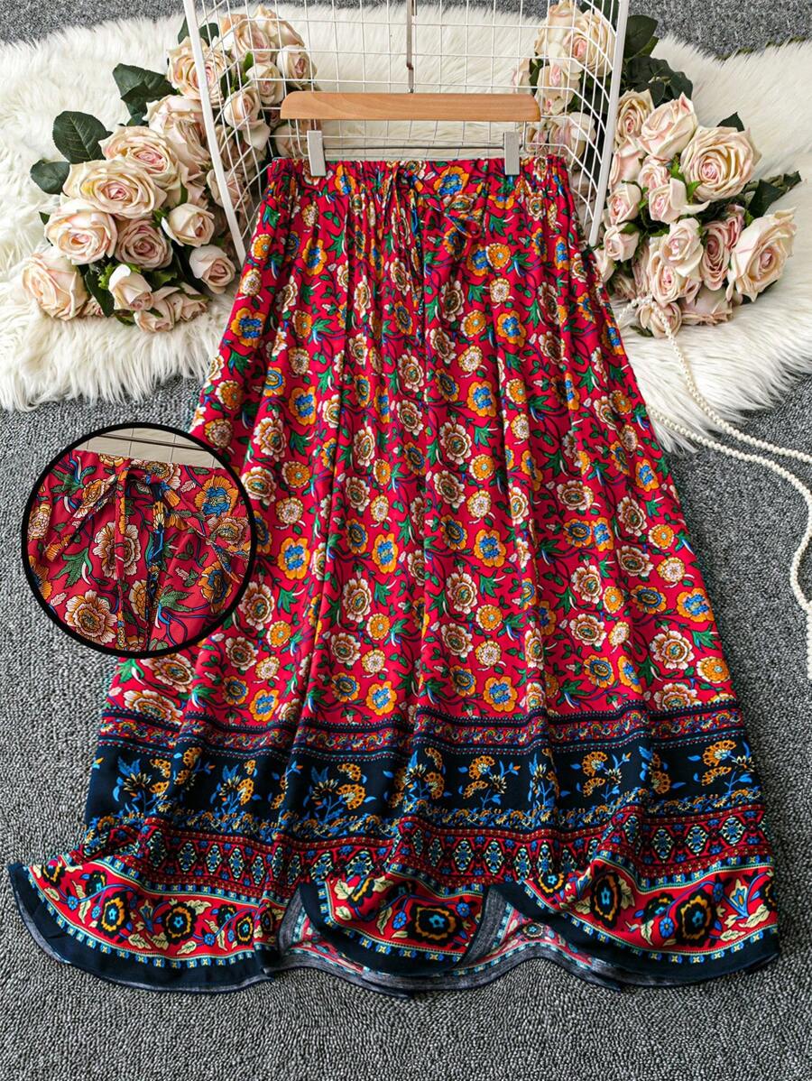 SHEIN LUNE Plus Size Women Boho Floral Print Skirt