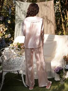 蕾丝拼布彼得潘领甜美女孩仿丝开衫配蝴蝶结睡衣套装 - 粉色 - 查看 2