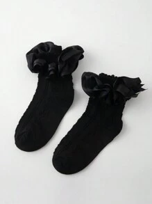 ROMWE Kawaii 1 双女士纯色时尚中筒袜，适合日常穿着 - 黑色 - 查看 2