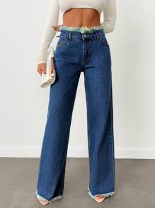 EURMUSE 100%Cotton Rigid, Belt Detailed Wideleg Fit - Medium Wash - View 4