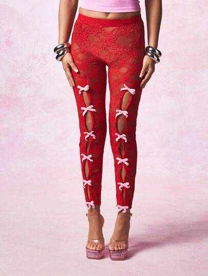 SUMWON WOMEN Bow-Tied Lace Leggings With Cut-Out Design, Valentine's Day Special Occasion Party Dance Club Wear, High Fashion Statement Piece