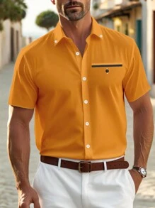 Manfinity Mode Men's Orange Short Sleeve Shirt With Pocket Detail - Casual Summer Button-Down - Yellow - View 1