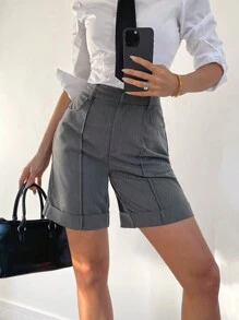 SHEIN Essnce Women's Solid Bermuda Shorts, Office And Commuting Pants, Kochi Style Shorts, Business Women's Clothing - Grey - View 3