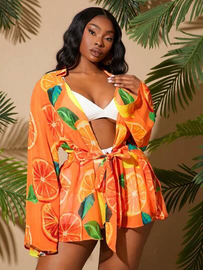 SHEIN SXY Plus Size Front Tie Long Sleeve All-Over Print Casual Shirt