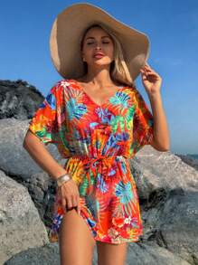 Swim Lushoire Mature Fashion Self-Tie Waist Loose Summer Beach Cover Up Swimsuit