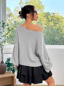 SHEIN EZwear Sweater Lengan Panjang Longgar Bahu Miring Wanita, Pakaian Kasual Sehari-hari - Grey - View 3