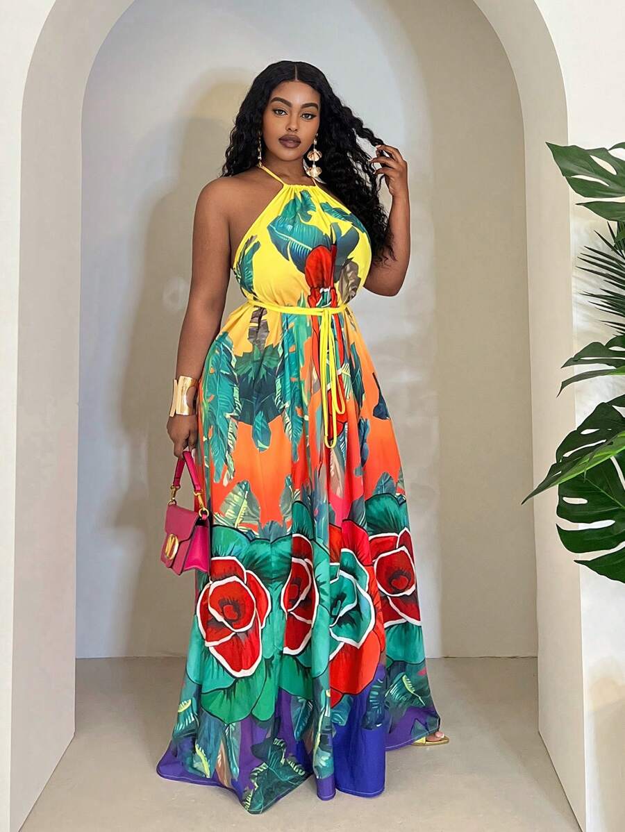 Slaydiva 大码女式热带植物印花无袖吊带交叉系带连衣裙，休闲度假风，春夏款 - 彩色 - 查看 1