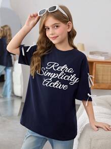 SHEIN Lockeres, lässiges T-Shirt mit Schleife und Rundhalsausschnitt für Tween-Mädchen - marineblau - Übersicht 1