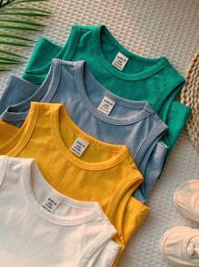 SHEIN 4pcs/Set Baby Boy & Girl Casual Crew Neck Short Sleeve Macaron Colored Knit Vest, Suitable For Spring/Summer Indoor And Outdoor Wear