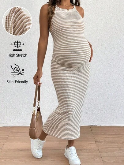 SHEIN Maternity Casual Stripe Fitted Halter Dress