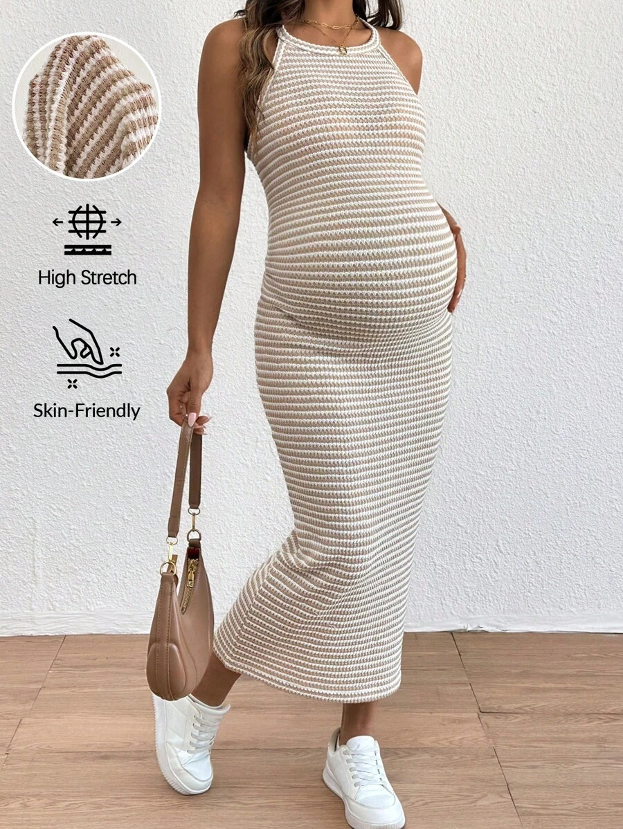 SHEIN Maternity Casual Stripe Fitted Halter Dress - Apricot - View 1