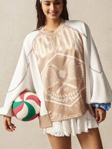 VARSITIE Long Sleeve Workout Top Color Block Letter Print Sports Sweatshirt - Khaki - View 2