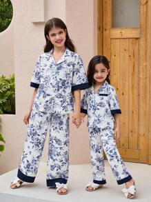 SHEIN Tween Girls Vintage Floral Print Lapel Button Front Short Sleeve Pants Casual Comfy Woven Pajama Sets, Sibling Matching Outfits (2 Sets Sold Separately) - Blue and White - View 5