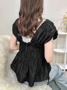 FRIFUL Blusa casual de mujer con cuello cuadrado, detalle de volantes y mangas cortas, top de muñeca lindo - Negro - Ver 2