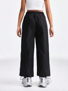 SHEIN Tween Girls Spring/Summer Relaxiva Contrast Piping Slant Pocket Pants - Black - View 2