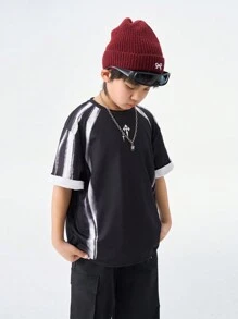 SHEIN T-shirt mode à rayures à manches courtes et col rond pour adolescents au printemps/été - Noir - Voir 4
