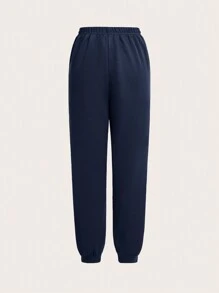 SHEIN Essnce 女式前系带口袋字母印花休闲运动裤 - 藏蓝色 - 查看 4
