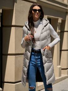 SHEIN Cottnline Sleeveless Hooded Zip-Up Long Padded Coat With Pockets - White - View 3