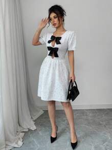 Chiquease Nuevo vestido-jersey de felpa con lazo, diseño francés dulce y romántico de lunares, para primavera/verano para mujeres