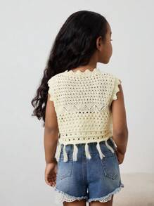 Maija Kids Maija Kids Spring/Summer Young Girl's Solid Apricot Hollow Out Crochet Sleeveless Floral Hem Casual Knit Short Cardigan, Versatile For Outdoor, Beach,