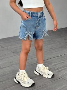 SHEIN Shorts vaqueros sueltos y casuales con decoración de mariposa para niña, diseño cómodo y suave en forma de A, versátil para usar en la calle, nueva colección primavera/verano 2025, adecuado para uso diario