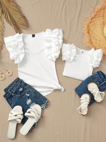 SHEIN 配套女婴休闲针织白色夏季上衣，母女配套服装（2 件单独出售） - 白色 - 查看 3