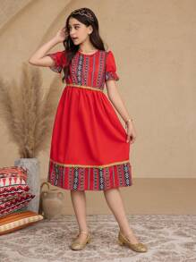 1pc Tween Girls' Red Retro Print Patchwork Cinched Waist Bubble Sleeve Spring/Summer Vacation Dress - Red - View 6