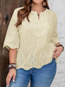 EMERY ROSE Plus Size Summer Casual Solid Color Hollow Embroidered Blouse - Khaki - View 4