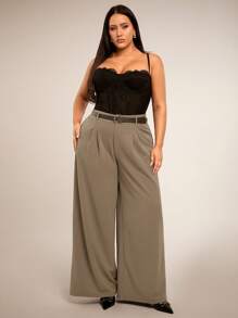 SHEIN BAE Pantalon long simple de style quotidien pour femmes grandes tailles, couleur kaki avec décoration de ceinture, jambe large, convient pour le casual, les rendez-vous, les vacances, le bureau, le travail, le printemps/été - Kaki - Voir 3