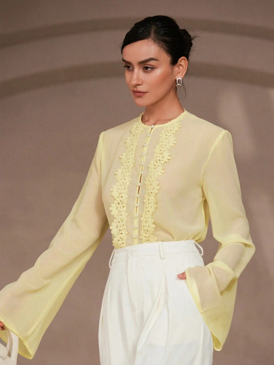 Chiquease Blusa de manga larga con abotonadura, cuello con volantes de gasa elegante y romántica para mujer - Amarillo - Ver 1