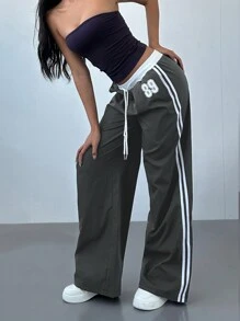 Aloruh Women's Sports Style Striped Contrast Print Low-Waist Straight Leg Tie Pants - Dark Grey - View 1