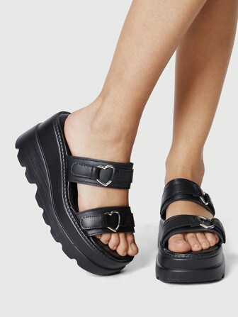 Grunge Punk Zapatos de mujer de estilo rock oscuro, punk, gótico; Zapatos de verano con punta abierta para vacaciones; Sandalias romanas de playa; Pantuflas de punta abierta; Zapatos de vestir de fiesta con corazón; Sandalias de plataforma y cuña para mujer; Halloween