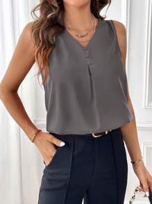 SHEIN Essnce 女士纯色 V 领无袖休闲衬衫 - 深灰色 - 查看 3