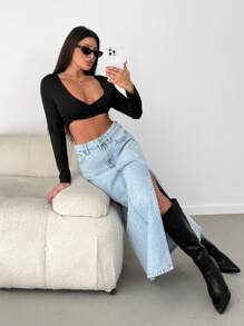 EURMUSE HIGH WAIST SIDE SLIT MIDI SKIRT LIGHT WASH - Light Wash - View 1