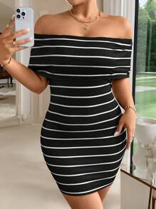 Calvaya Plus Size Black & White Striped Slim-Fit Off The Shoulder Stretchy Knit Jumpsuit, Elegant For Summer