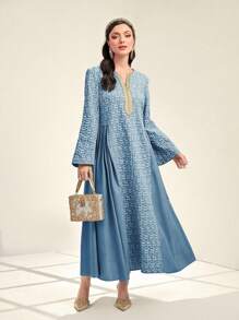 Al Najma 女士拼色长袖 V 领阿拉伯风格连衣裙