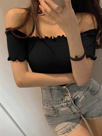 DAZY オフショルダー クロップド Tシャツ ブラック コントラストトリム レディース 春夏