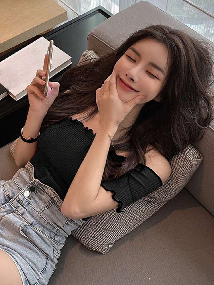 Women's Black Contrast Trim Off Shoulder Cropped T-Shirt, Spring/Summer