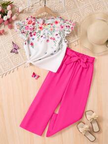 SHEIN 2 件套 Tween 女童碎花编织圆领上衣和合身编织裤套装