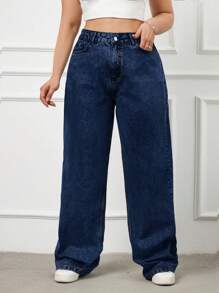 SHEIN Cottnline 100% Cotone rigido, vita alta, vestibilità ampia - Blu lavato medio - Visualizzare 1