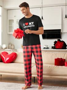 2pcs Men Slogan Graphic Top & Gingham Print Pants Pajama Set, Couples Lounge Wear - Multicolor - View 6
