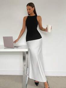 Siren Gaze Black And White Contrast Stitching Slim Dress Elegant Dress Office Commuting Maxi Dress Fishtail Dress Summer Dress For Women Elegant Wedding Guest Dress